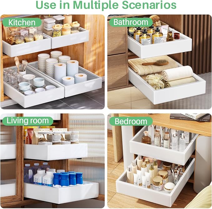 Pull out Cabinet Organizer, 21"Deep, 11.8"Wide Full-Extension Heavy Duty Slide out Drawers with Nano Adhesive, Roll Out Shelves Sliding Cabinet for Kitchen, Bathroom, Pantry,Under Sink Storage(White)