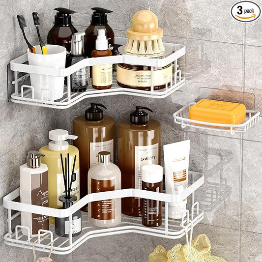 MAXIFFE 3 Pack X-Large Corner Shower Caddy with Soap Holder, Large Capacity Sturdy Easy Install No Drilling Stainless Steel Hold 40 LB Shower Organizer Shelves Rack for Family Renters Bathroom, White