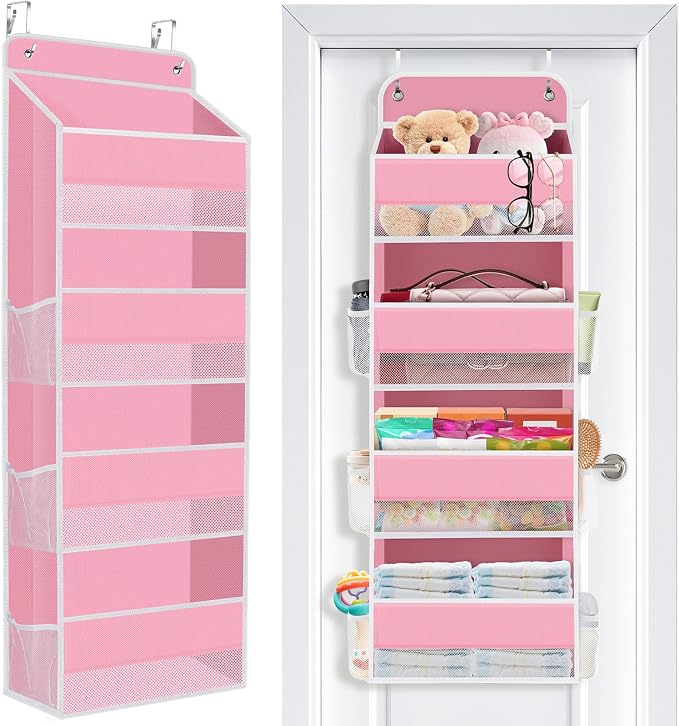Over the Door Organizer, 4 Large Pocket Hanging Storage with 40lb Capacity | Space Saving Door Storage for Nursery, Bathroom, Bedroom and Closet, Baby Essentials and Toiletry Organizer, Pink