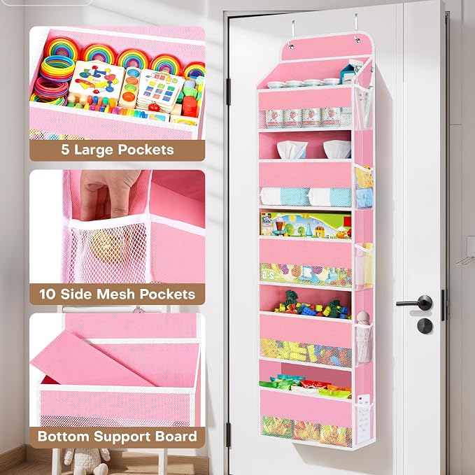 Over the Door Organizer, 5 Large Pocket Hanging Storage with 40lb Capacity | Space Saving Door Storage for Nursery, Bathroom, Bedroom and Closet, Baby Essentials and Toiletry Organizer, Pink