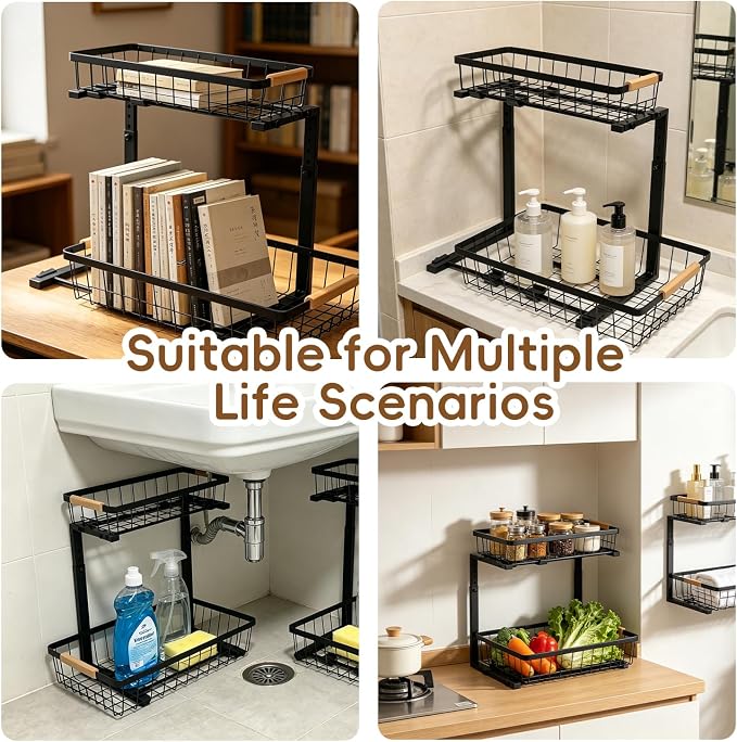 2-Tier Pull-Out Under Sink Organizer, Height Adjustable Sliding Shelf, Heavy Duty Carbon Steel, Wooden Handle & Suction Cup Base, Rust-Proof & Anti-Shake, for Kitchen Bathroom, Black (black)