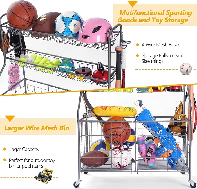 Kinghouse Garage Ball Organizer, Includes Storage Bin, Bat Holder, Hooks | Rolling Sports Equipment Organizer with Wheels, for Basketball, Toys, for Garage, Indoor, Gym, Outdoo