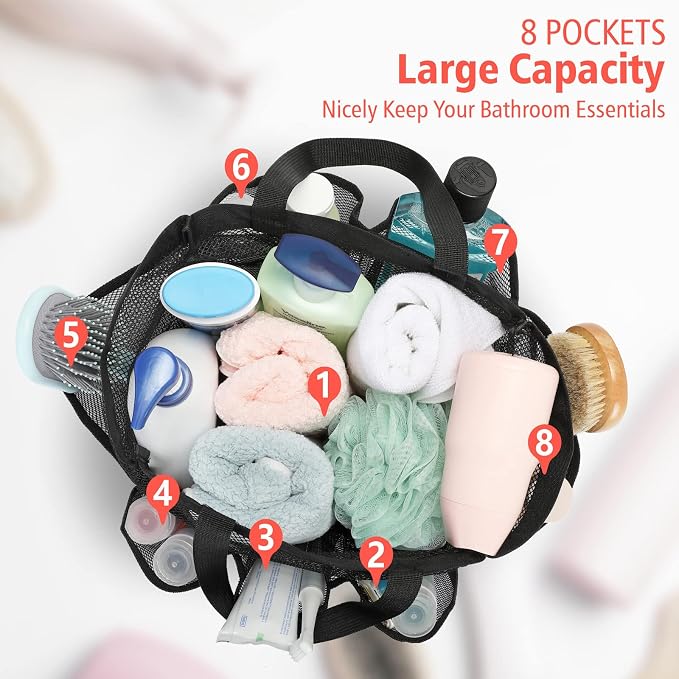 Mesh Shower Caddy Portable - 8 Pockets, S-Hook, Shower Bag for Dorm Camping | 2-Handle, Quick-Dry, Hanging Toiletry Organizer, College Dorm Room Essentials for Girls, Gym, Travel & Bathroom, Black