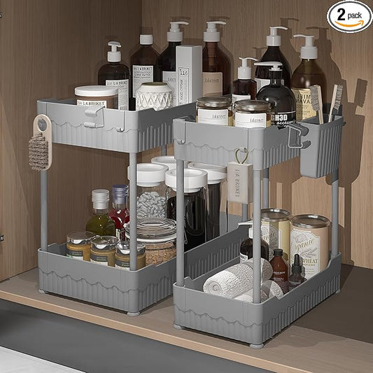 Sevenblue 2-Pack Under Sink Organizer with Hooks & Hanging Cup for Kitchen | Multi-use kitchen & bathroom storage, 12.8 inch grey cabinet organizer, with hooks and hanging cup for easy access.