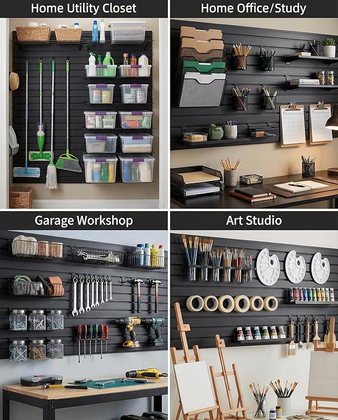 FRAYSCENT Slat Wall Paneling Garage Wall Organizer, Slatwall Panels Garage Tool Organizer Wall Mount Garage Slat Wall Storage Systems, Slat Board PVC Wall Panels (Black, 8ftx4ft with 2H Trim)