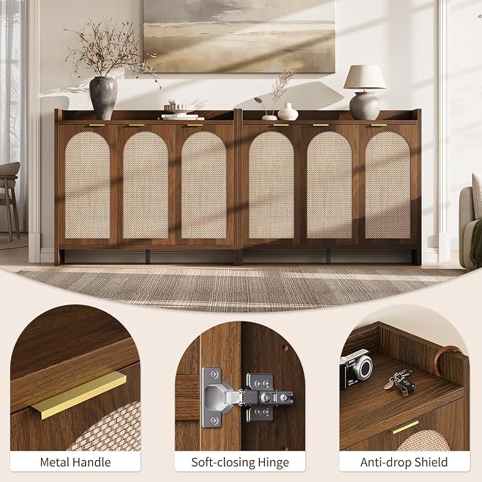 Shoe Cabinet Storage for Entryway - Rattan Accent Cabinet with 3 Doors & Adjustable Shelves, 6-Tier Large Wood Shoes Cabinets with Organizer Rack for Entry Way, Hallway, Living Room, Walnut