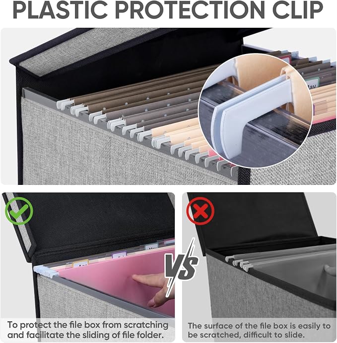 BALEINE File Organizer Box with Lid, Collapsible File Folder Organizer with Plastic Slide, Hanging File Folder Box for Office Document Storage (Tab Friendly, 1 Pack, Grey)