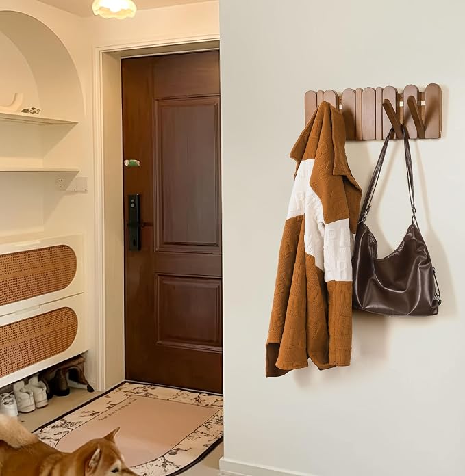 Wall Coat Rack for Entryway: Wooden Modern Heavy Duty 6 Hooks | Foldable Wall Mounted for Small Spaces Entryway Bathroom for Hanging Jacket Towel Backpack - Space Saving Home Decor