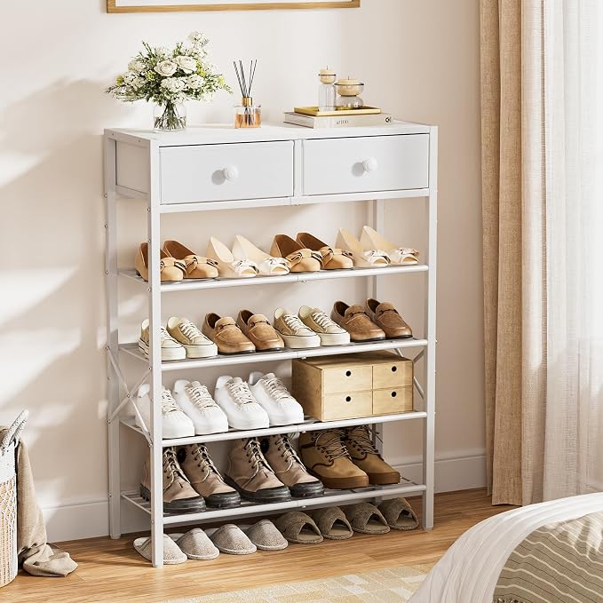 5 Tier Shoe Rack with 2 Drawers, 16-20 Pairs Greige | Holds 16-20 pairs. 2 drawers for socks/keys. Removable layer for boots. Anti-tip kit included. Quick assembly.