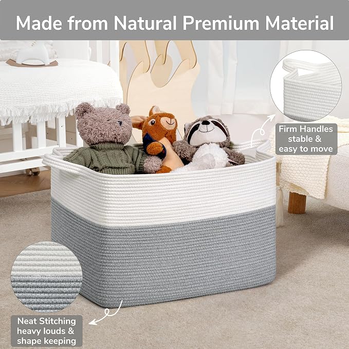 Goodpick Large Woven Blanket Basket, Rectangle Cotton Rope, White Gray | 85L, 23.6 x 15.7 x 13.8 in, Reinforced Handles, Living Room, Bedroom & Nursery Organization, Blankets & Pillows Storage