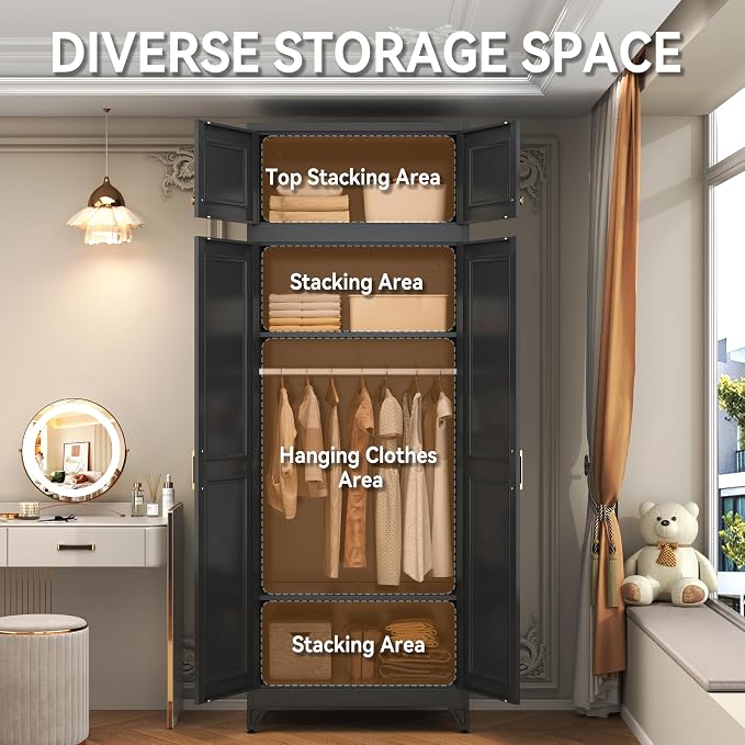 Polup 86" Tall Black Metal Armoire Wardrobe Closet with Hanging Rod | Heavy Duty Steel Clothing Storage Cabinet, 4 Doors, 180lbs Adjustable Shelves, Shipped in 2 Packages for Bedroom, Garage