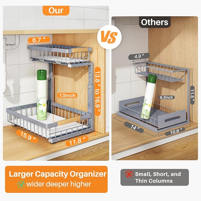 PXRACK Under Sink Organizer, Adjustable Height, 2 Tier Pull Out Under Cabinet Organizer, Slide Out Thickened Metal Under Sink Storage for Kitchen Bathroom Laundry Pantry Cabinet, Grey, Large-2-Pack