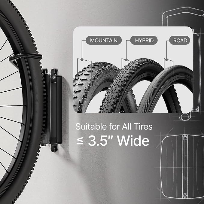 Bike Wall Mount for Garage, Holds 77lbs,Swivel Indoor Bike Storage, 1 Pack | Adjustable 65° angle for space-saving storage. Fits most bikes with tires under 3.15"H/3.5"W. Ideal for garage & entryway.
