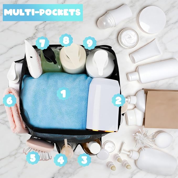 Mesh Shower Caddy Portable - 9 Pockets for College Dorm Room Essential | Large Capacity Mesh Shower Caddy with 9 Pockets, Portable Hanging Toiletry Bag for College Dorm, Gym, Camping and Beach