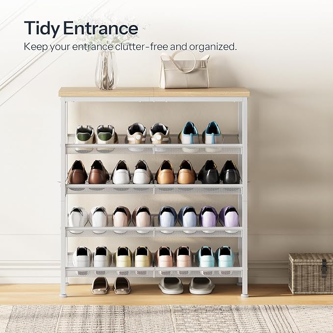 HOOBRO Shoe Rack for Entryway, 5-Tier Shoe Organizer with Adjustable Mesh Shelves, 12-16 Pairs of Shoes, Spacious Floor Mount, Metal, Industrial, Shoe Shelf for Closet, Natural and White WN12XJ01