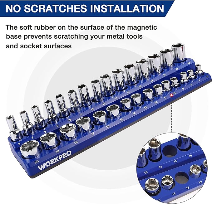 WORKPRO Magnetic Socket Organizer Set, 6-Piece Metric SAE Socket Holder Set | 1/4", 3/8", 1/2" DR Socket Trays, Holds 143-Piece Sockets, Suitable for Standard and Deep Sockets, Sockets not Included