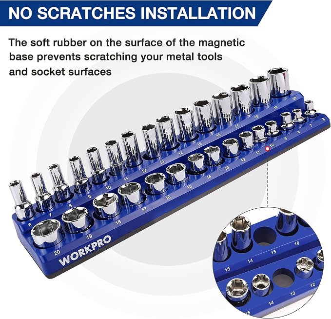 WORKPRO Magnetic Socket Organizer Set, 4-Piece Metric SAE Socket Holder Set | 1/4", 3/8", Drive Socket Trays, Holds 108-Piece Sockets, Suitable for Standard and Deep Sockets, Sockets not Included
