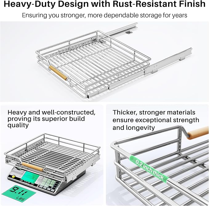 Pull out Cabinet Organizer, 21"W X 21"D, Heavy Duty Smooth Sliding Under Cabinet Shelves for Pots and Pans, Full-Extension Roll out Drawers, Slide out Organization for Home Kitchen Pantry