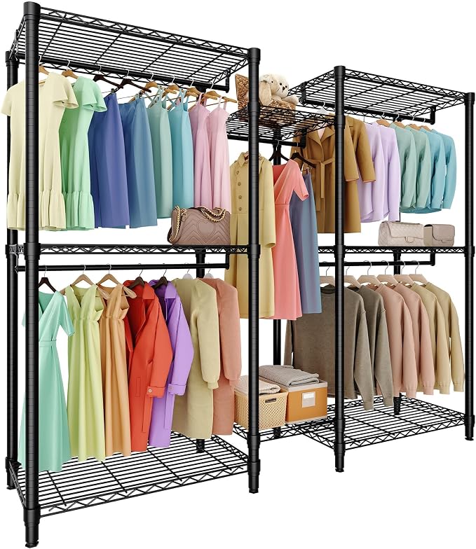 Heavy Duty Garment Rack Stable Clothes Rack for Hanging Clothes Wardrobe Closet with Adjustable Shelves & 5 Hanging Rods 76.5" H x 73.6" L x 17.4" W