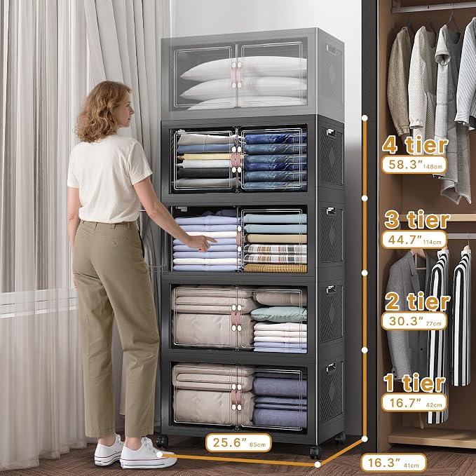 Stackable Storage Bins with Lids, 480QT Closet Organizers and Storage Cabinet with Doors & Wheels, Lockable Plastic Foldable Drawers for Bedroom Dorm Office Garage（120QT*4,Black）