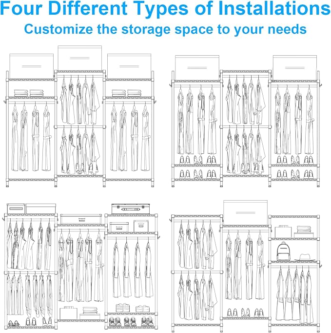 E13C Heavy Duty Closet Organizer System，Freestanding Clothing Racks for Hanging Clothes，Adjustable Garment Rack 63" W x 16" D x 77" H Hold 960 lbs，Black Clothing Rack with Black Dustproof Cover