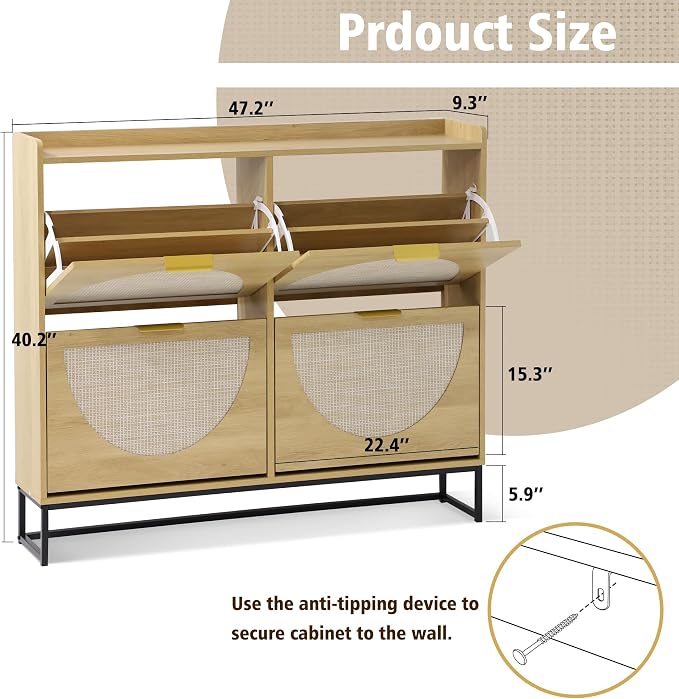 KIGOTY Narrow Shoe Storage Cabinet, Shoe Cabinet with 4 Flip Drawers, Freestanding Shoe Organizer with Legs for Entryway, Slim Shoe Rack Cabinet for Enterway (Rattan Oak, 4 Flip Drawer)