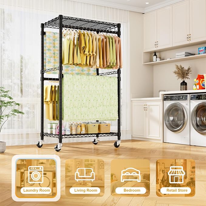 ULIFHOME P4 Rolling Clothes Rack, Clothing Racks for Hanging Clothes, Black | Heavy Duty Garment Rack with Wheels, 2-Tier Free Standing Portable Closet Racks 35.5''W × 20.5''D × 80.5''H, Max Load 560Lbs