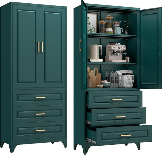 75" Metal Pantry Storage Cabinet with 3 Drawers, Green | Premium Cold-Rolled Steel Frame, Luxury Gold Handles, Adjustable Inner Shelves, Magnetic Doors, Anti-Tipping Kit