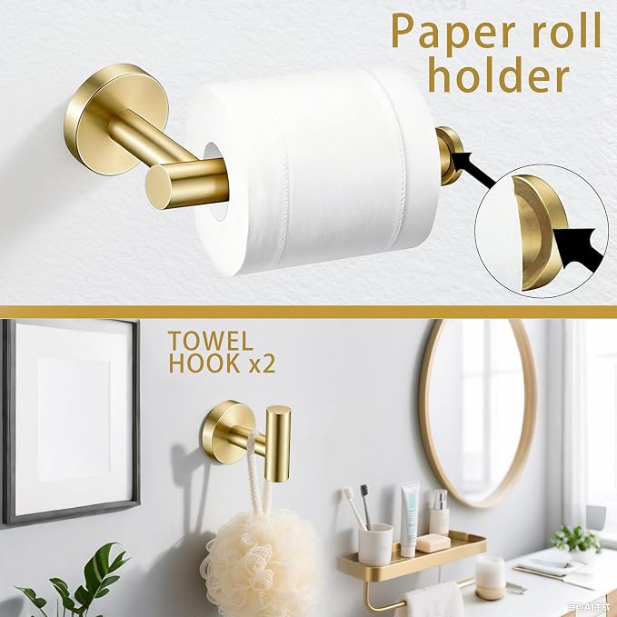 6 Pieces Brushed Gold Bathroom Hardware Accessories Set, SUS304 Stainless Steel 24 Inch Bath Towel Bar Set, Round Bathroom Towel Holder Set, Towel Racks for Bathroom Wall Mounted