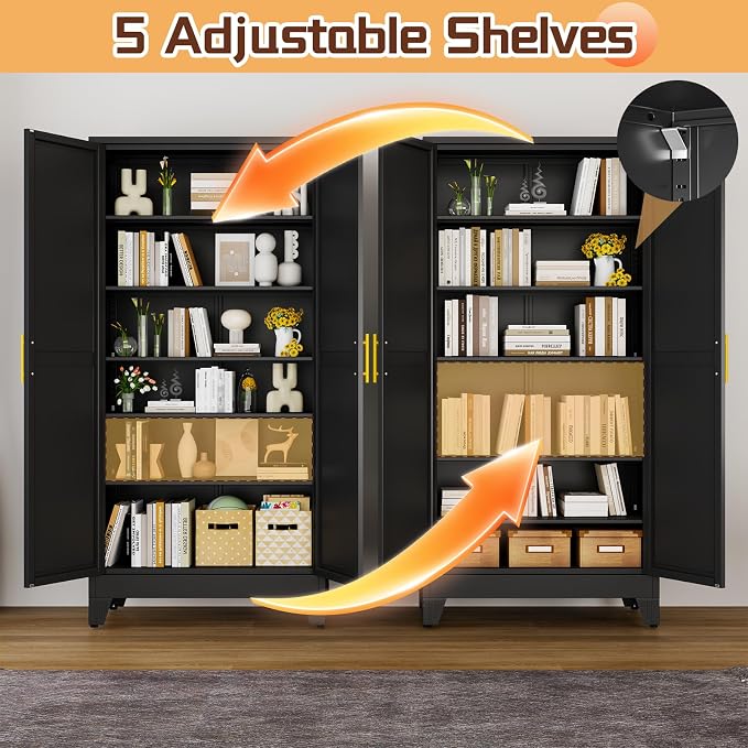 PAOFIN 75" Metal Kitchen Pantry Cabinet, Storage Cabinet with Doors and 5 Adjustable Shelves, Cabinet with 2 Metal Handles,Tall Cabinet for Livingroom,Pantry, Bathroom,Kitchen Black