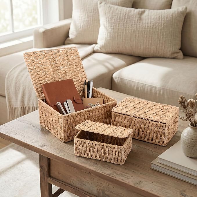 3 Pack Wicker Storage Baskets with Lid, Decorative Woven Organizer Boxes, Shelf Stackable Container Bin, 3 Size Boho Home Decor for Bedroom Living Room Organization (10.2", 8.6", 7")