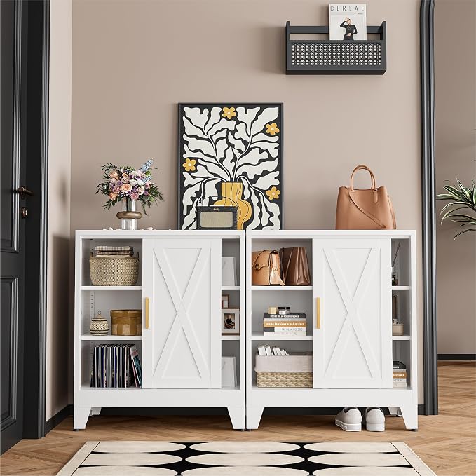COFaR White 37" H Sliding Door Storage Cabinet, Half Open Half Closed Design, 3-Tier Kitchen Organizer with Adjustable Shelves, 150 lbs Top, Metal Coffee Bar & Buffet Sideboard for Dining Room