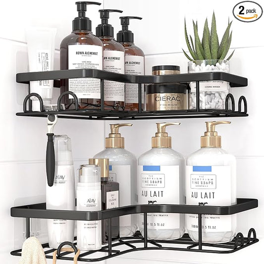Sakugi Corner Shower Caddy - 2 Pack, Adhesive Shower Organizers, Rustproof Stainless Steel Shower Shelves with 8 Hooks, No Drilling Bathroom Organizers and Storage Racks, Space-Saving, Black, Medium