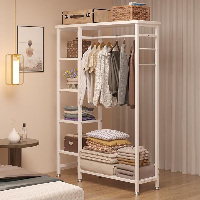VECELO Open Garment Clothing Rack, Free-Standing Heavy Duty Storage Closet with 5 Shelves and Hanging Rod for Small Spaces, Max Load 350LBS, White