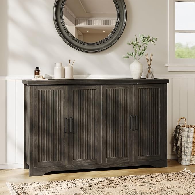 55" Fluted Sideboard Buffet Cabinet with Storage,Gray | Modern Credenza with 4 Doors & Adjustable Shelves,Coffee Bar Table Console for Dining Room Kitchen Living Room Entryway