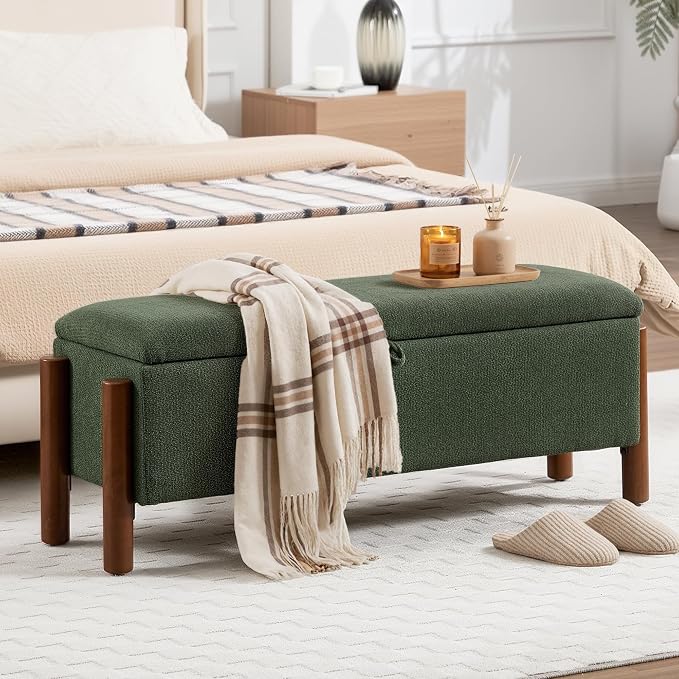 47'' Modern Storage Ottoman Benches with Walnut Wood Legs Ottoman Bench with 22 Gallons Storage Space Fabric Upholstered Seating End of Bed Bench for Bedroom for Livingroom Green