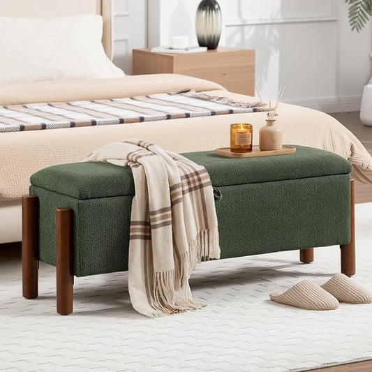55'' Modern Storage Ottoman Benches | with Walnut Wood Legs 26 Gallons Storage Space Fabric Upholstered Seating End of Bed for Bedroom Livingroom Green