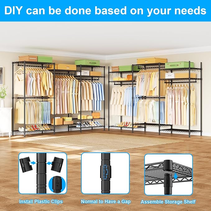 E13 Pro Heavy Duty Clothes Rack（With 4 Hanger Rods & 8 Shelves） Freestanding Clothing Racks for Hanging Clothes，Adjustable Closet，Metal Garment Rack 75" W x16 D x77 H，Max Load 1000LBS，Black