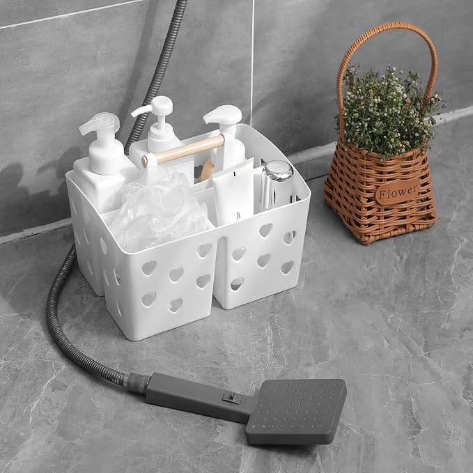 Portable Shower Caddy Plastic Shower Basket Organizer with Handle, White | Divided Bathroom Caddy Storage Cleanning Caddy Tote for College, Dorm Room, Kitchen