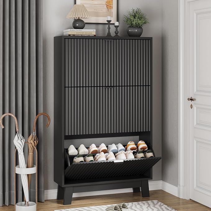 Xixini Shoe Cabinet with 3 Flip Drawers, 54" Tall Narrow Fluted Shoe Storage Organizer for Entryway, Hidden Slim Wooden Shoe Rack Cabinet for Front Door Entrance, Hallway, Living Room, Solid Black