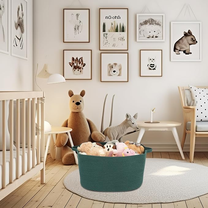 XUANGUO Large Woven Cotton Rope Blanket Basket 22"x17"x12" Dark Green | Storage basket for nursery and living room; toy basket for kids, dog toy storage, or laundry basket for clothes and towels.