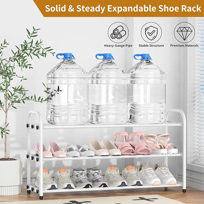 Hleelomi 3-Tier Metal Expandable Shoe Rack for Closet and Entryway, White | Adjustable Shoe Organizer for Closet,Living Room,Dorm,Garage,Fits Small Spaces, Apartments and Rentals