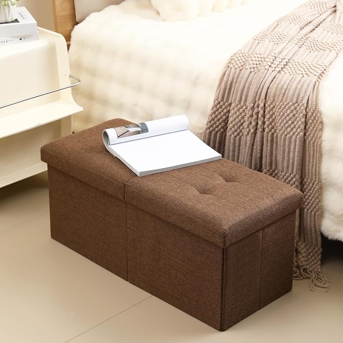 Storage Ottoman Bench Foldable Seat Footrest Shoe Bench End of Bed Storage with Flipping Lid, 75L Storage Space, 30 inches Linen Fabric Brown