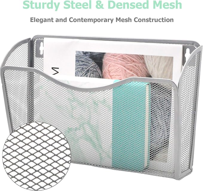 EASEPRES 3 Single Pocket Mesh Hanging File Organizer, Vertical Wall Mounted Magazine File Holder, Mount Basket Mail Paper Document Folder Organizing for Office, Home and School, Silver