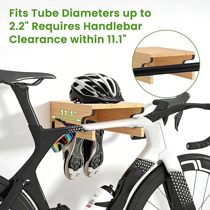 Wooden Bike Wall Mount w/Shelf & Hooks, Road Bike Storage Decor | Solid Wood Rack w/ Angled Slot & Non-Slip Padding Protects Frame. Top Shelf & 4 Hooks For Gear. Stylish For Apartments