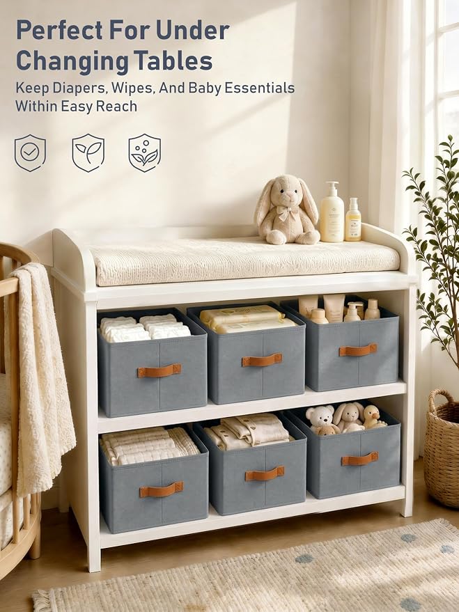 6 Pack Large Closet Storage Baskets Bins for Shelves, Collapsible Fabric Closet Organizers and Storage with Polyester Handles, Decorative Baskets for Organizing Clothes, Towels, Linen Closet 16x12x10"