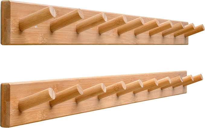 SKOLOO Wood Coat Rack Wall Mounted,10 Peg Long Bamboo Hook for Hanging Backpack Coat Towel Hat,16'' Hole to Hole,Pack of 2,Natural