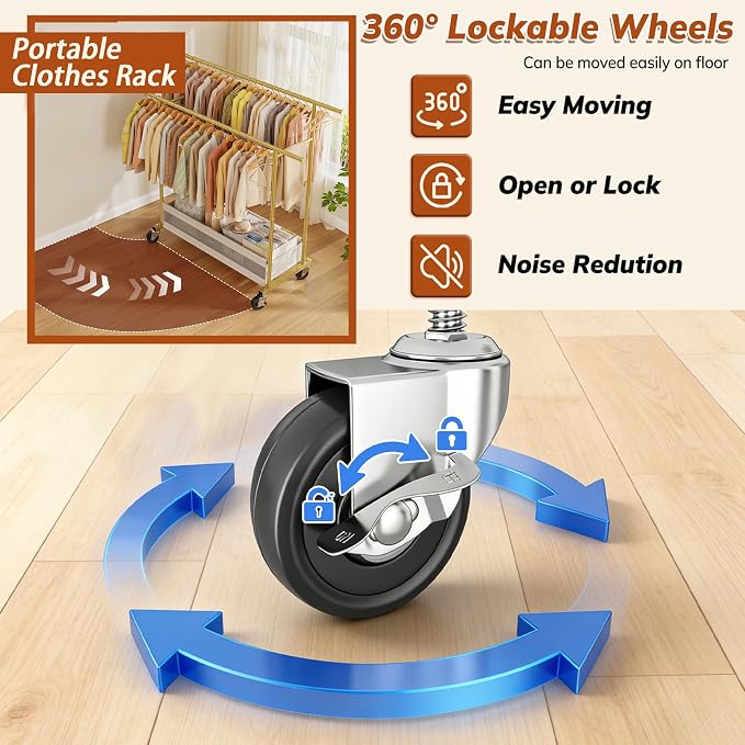Clothes Rack 210 LBS Double Rods Extra Storage Basket | Rustproof Coated Steel, Anti-bending Design, 360° Sturdy Wheels, 10-Min Tool-Free Assembly, Metal Garment Rack for Home