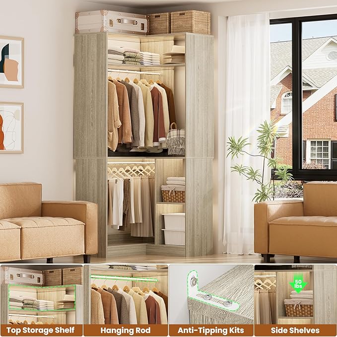 Aheaplus Corner Closet System with Shelves, 34’’ Closet Organizer System with Hanging Rods, Wood Walk-in Closets for Corner Small Space,Freestanding Corner Tower, L Shaped Garment Rack, White Oak