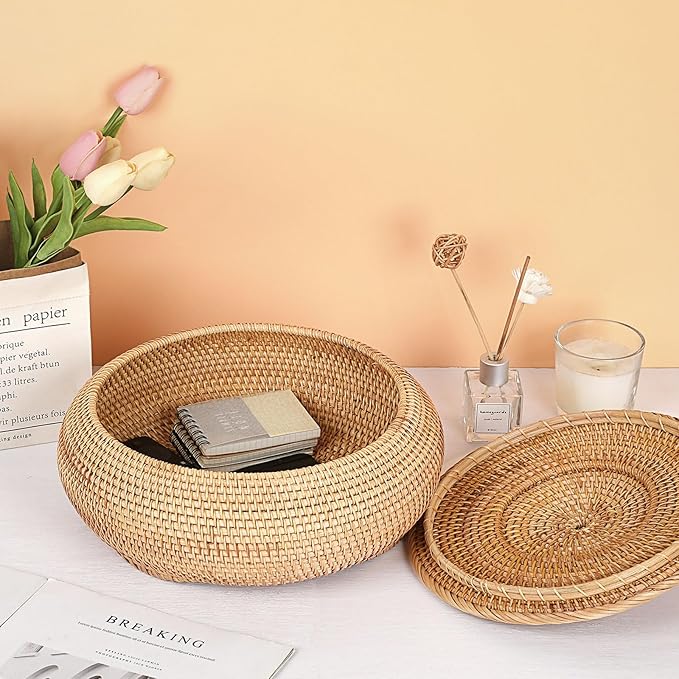Hipiwe Round Rattan Boxes with Lid, X-Large Woven Bread Basket Natural Rattan Basket Wicker Storage Box Decorative Basket for Coffee Table Farmhouse Picnic Fruit Storage Basket